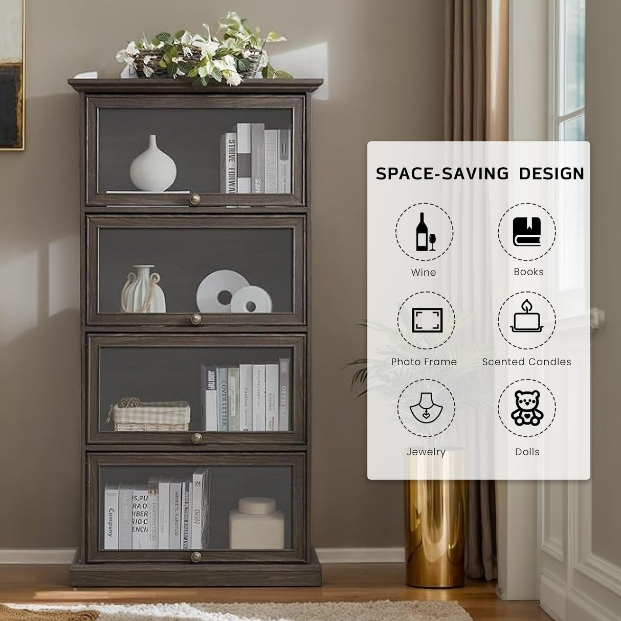 CKEASEAN Tall Bookcase with Glass Doors, 63" H Farmhouse Glass Curio Display Cabinet with Flip up Doors, Elegant Storage Cabinet with 4-Tier Shelves, Rack for Living Room (Brown) CKEASEAN