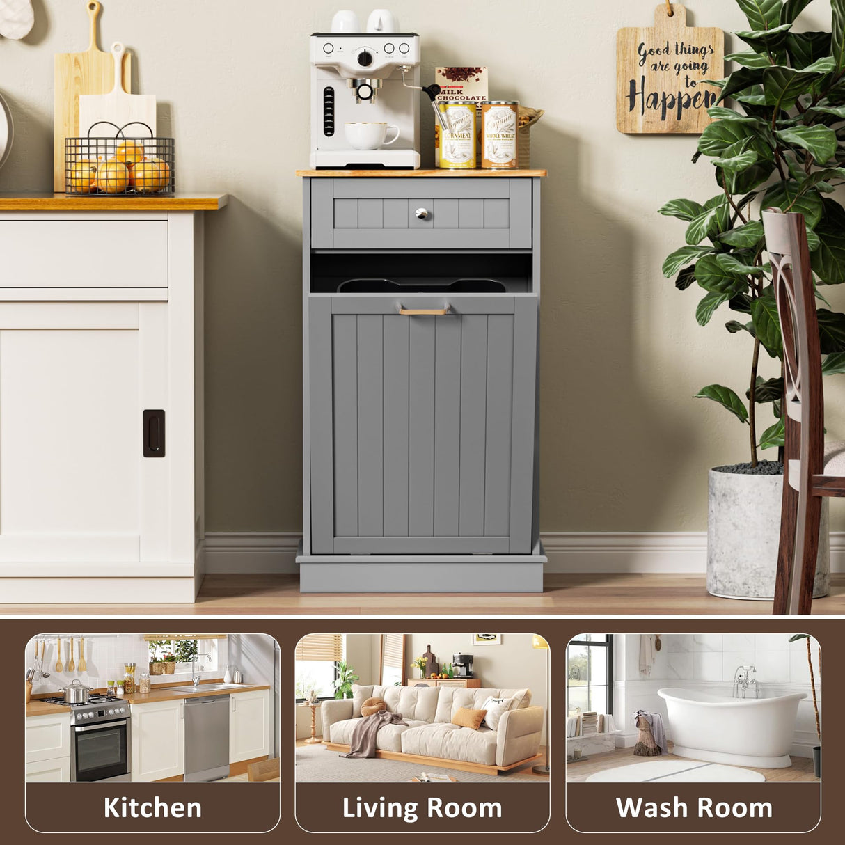 Spurgehom 13 Gallons Tilt Out Trash Cabinet Kitchen Waste Bins Free Standing Laundry Hamper Recycling Cabinet Trash Can Holder with Hideaway Drawer Pet Proof Trash Can for Living Room, Grey Spurgehom