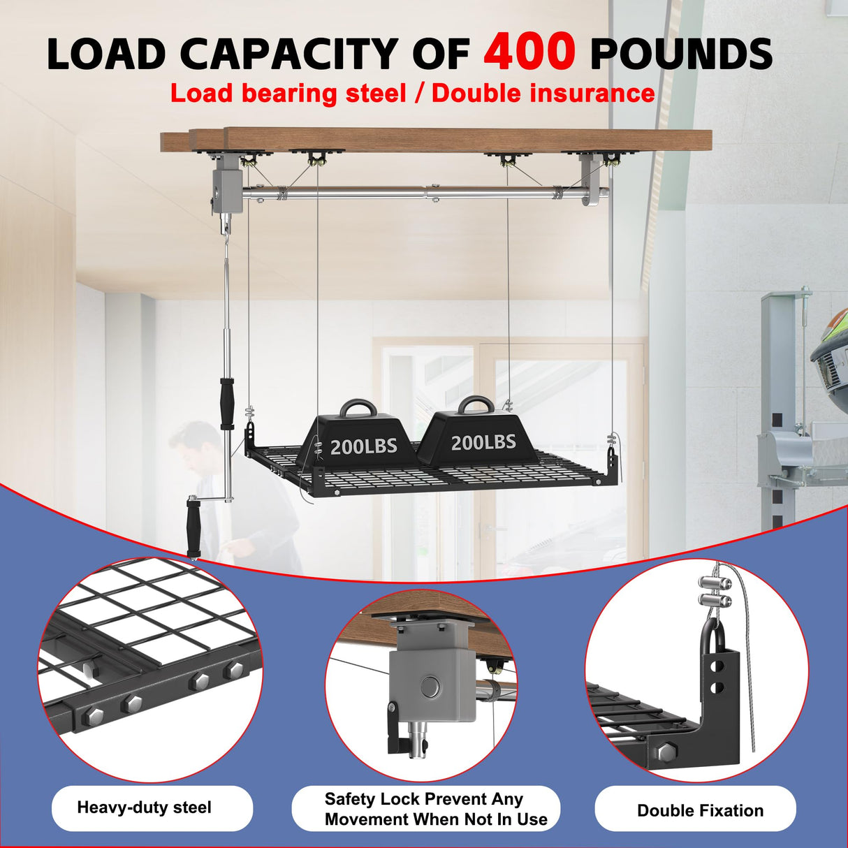 UODENGA Overhead Garage Storage Rack,4x4FT Ceiling Storage Racks Lift,Adjustable Organization System,Workshops or Basements(Black) UODENGA