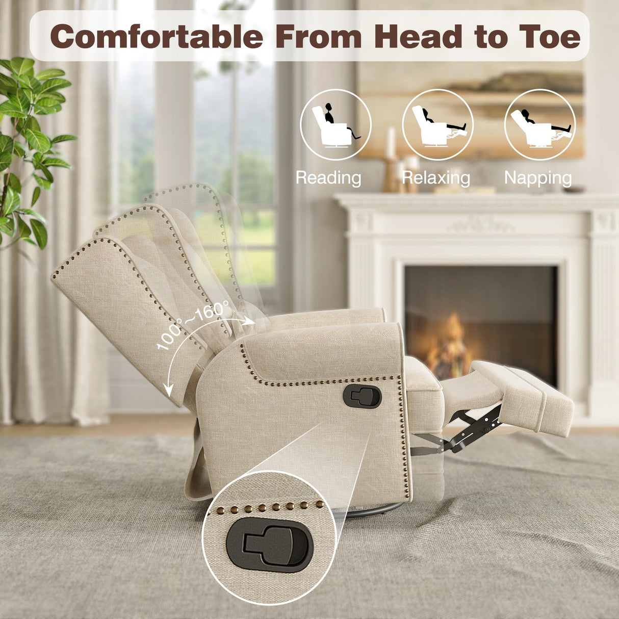 RoyalCraft Swivel Recliner Chair with Extra Large Footrest, Comfy Upholstered Glider Rocking Chair for Living Room, Bedroom and Ofice, Beige RoyalCraft