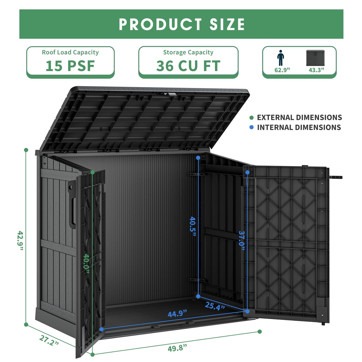 Horizontal Outdoor Storage Shed 36 Cu Ft - Resin Lockable Weatherproof Storage Cabinet/Box for Patio,Garden,Backyard,Outside-Black WTFGO