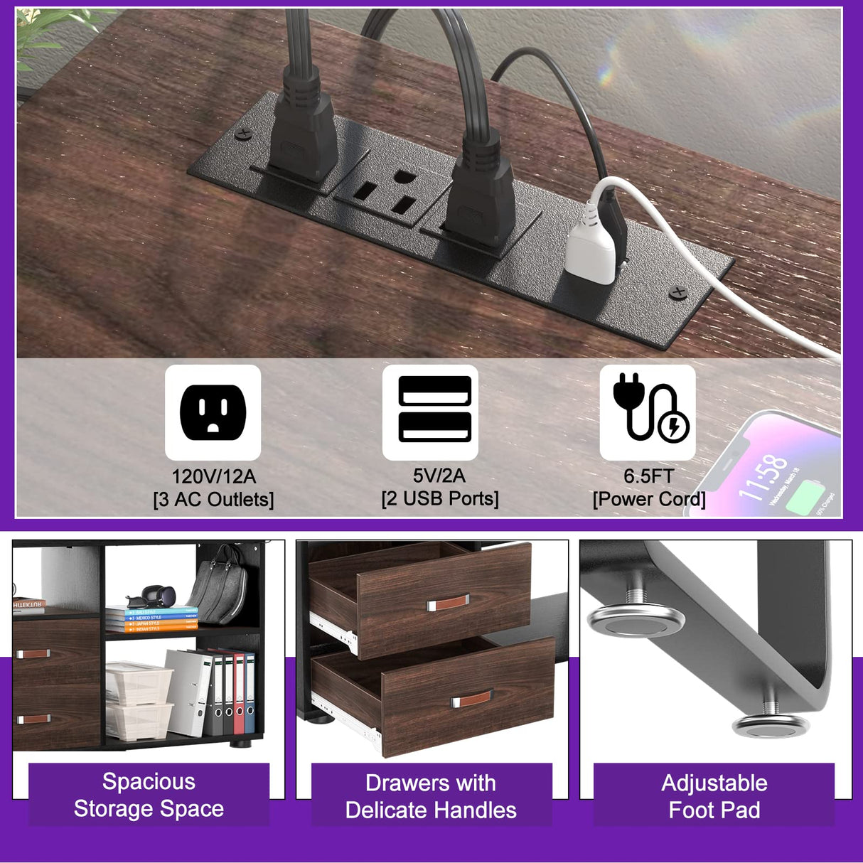 Homieasy L Shaped Desk with File Cabinet & Power Outlet, Reversible 55 Inch Large Corner Computer Desks with LED Strip, L-Shaped Computer Desk with Drawers and Storage Shelves, Espresso Homieasy