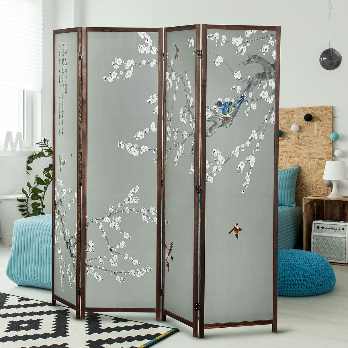 MyGift 4-Panel Asian-Inspired Folding Room Divider with Cherry Blossom Tree & Bird Design Poetry Calligraphy and Brown Wooden Frame MyGift