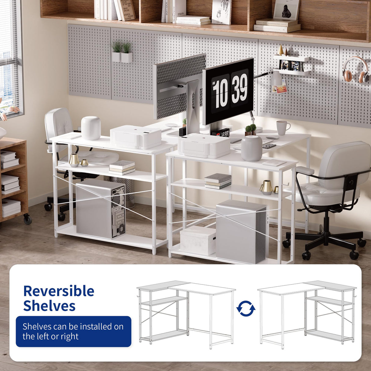 Pamray 43 Inch L Shaped Computer Desk with Reversible Side Storage Shelves, Small Corner Desk for Small Space Home Office,Writing Study Table PC Desk for Bedroom,White Pamray