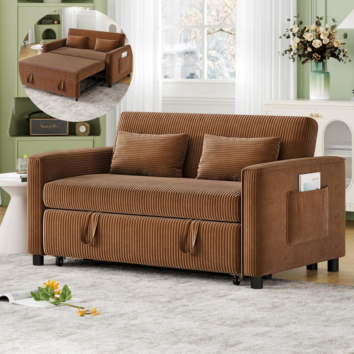 ECHINGLE Sleeper Sofa with Pull Out Sofa Bed,Corduroy Futon Sofa Bed with 3 Level Adjustable Backrest & Storage Pockets and 2 Toss Pillows,Modern Couch Bed for Living Room,Bedroom(Brown) ECHINGLE
