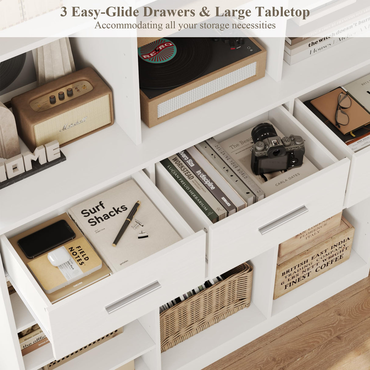 HOSTACK 75" Tall Book Shelf and Bookcase, 47" Wide Bookshelf with Drawers, Modern 9 Tier Bookcase with Storage, Large Wood Display Cabinet with Adjustable Shelves for Living Room, Home Office, White HOSTACK