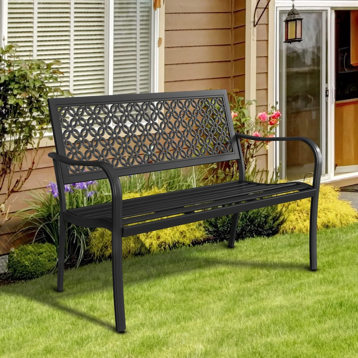 Grand patio 50" Outdoor Bench Garden Bench with Armrests Bench for Outdoors Lawn Yard Porch Black Grand patio