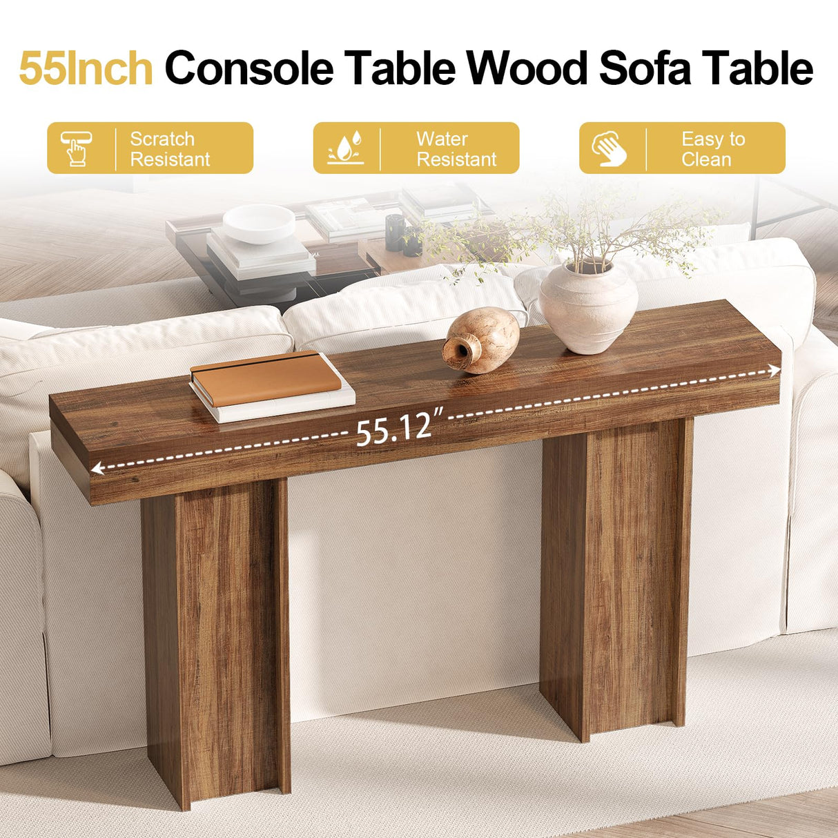 55Inch Farmhouse Console Table,Wooden Rectangular Sofa Table Behind The Couch,Entryway Console Table with Storage for Living Room, Hallway,Entrance (Light Brown) Tarnorci