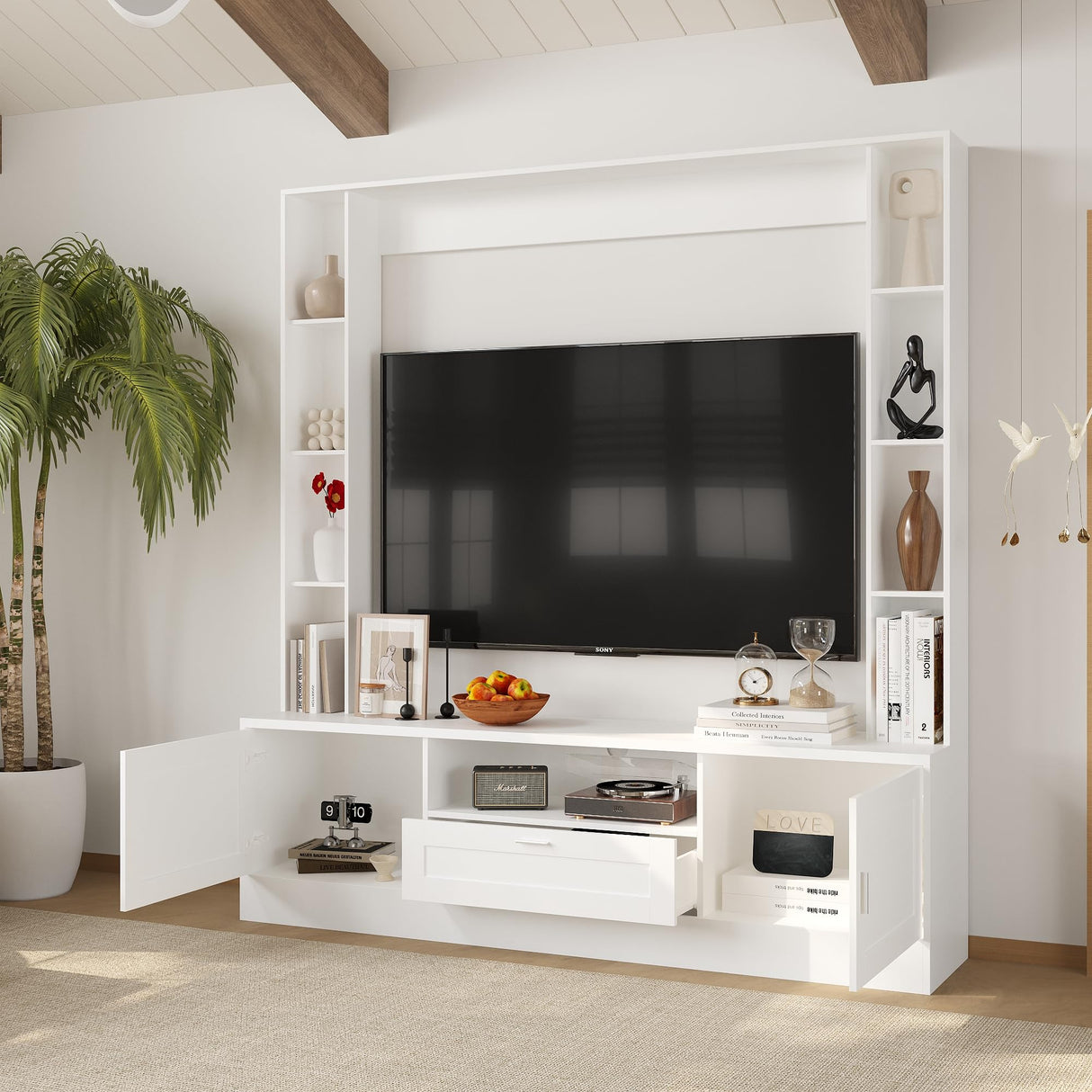 ROMSHINE 70.9" W Wall Unit TV Stand with Storage Shelf, Modern TV Console with 4-Tiers Shelf Bookcase, Entertainment Center with Drawers and Rack for Living Room, White ROMSHINE