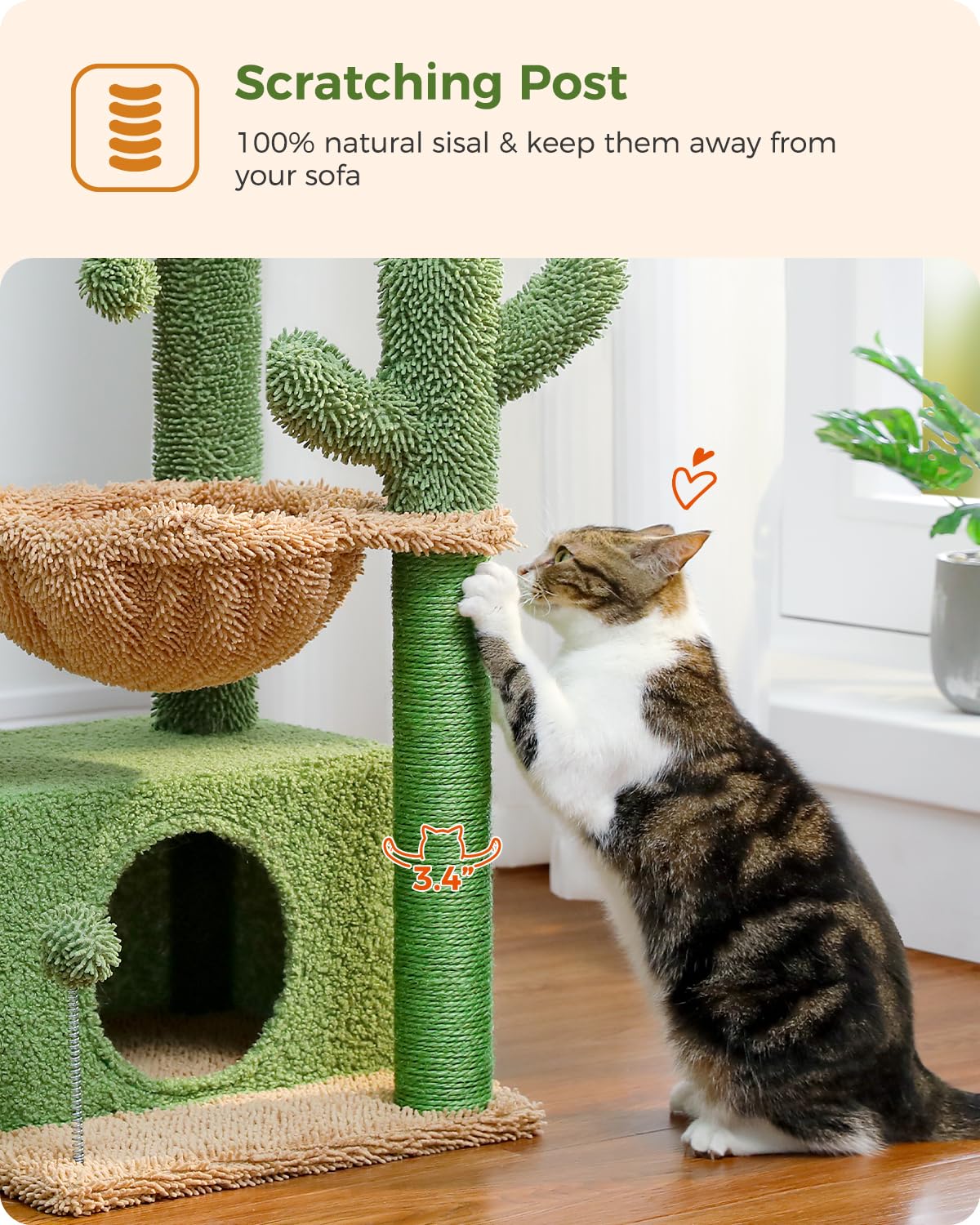PEQULTI 4-in-1 Cactus Cat Tree, 33'' Cat Tower for Indoor Cats with Large Condo, Cat Scratching Post for Cats with Deep Hammock& Cozy Top Perch,Green PEQULTI