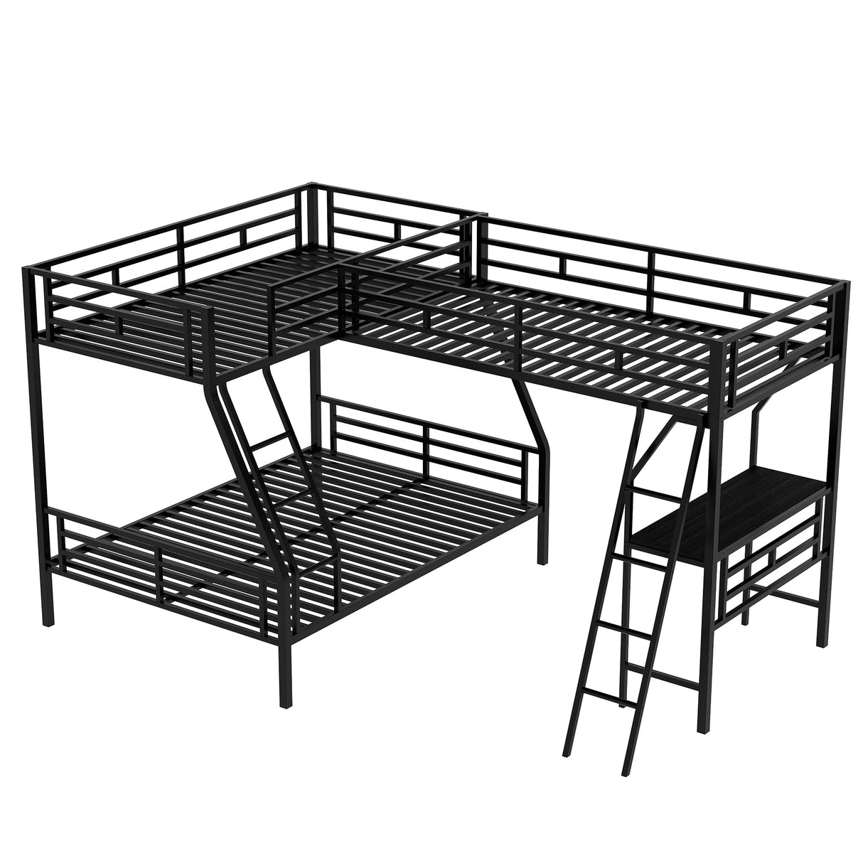 L-Shaped Metal Triple Bunk Bed for 3, Twin Over Full Bunk Bed with a Twin Size Loft Bed Attached, with a Desk, 3 Beds Bunk Bed Frame for Kids Teens Adults - Black Bellemave