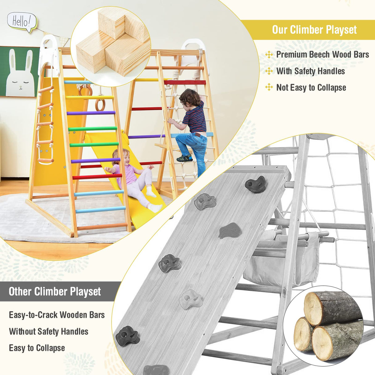 Costzon Indoor Jungle Gym, 8-in-1 Montessori Climbing Toys for Toddlers with Slide, Climbing Rock/Net, Monkey Bars, Indoor Wooden Playground Climber Playset for Kids 3-6 Years Birthday Costzon