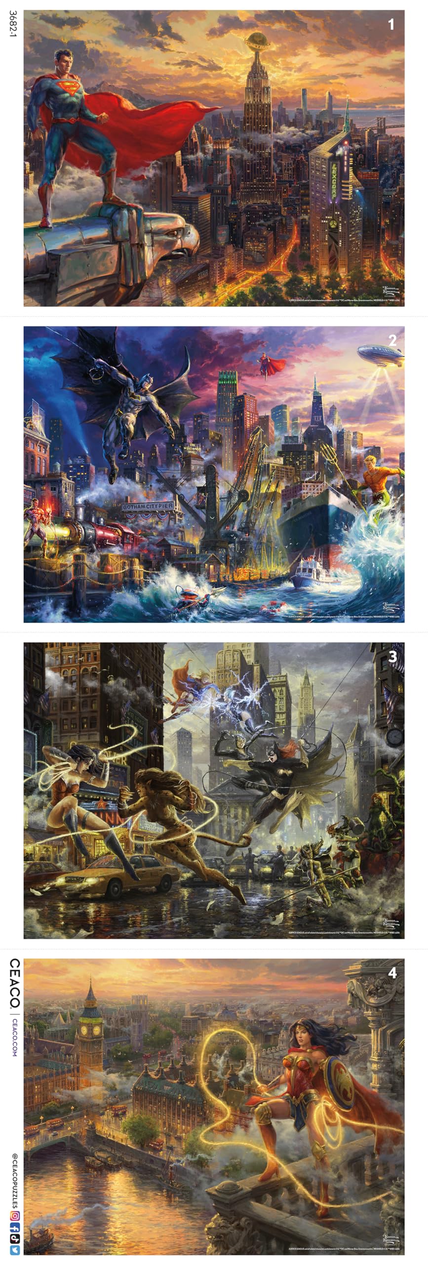 Ceaco - 4 in 1 Multipack - Thomas Kinkade - DC Comics - Justice League (4) 500 Piece Jigsaw Puzzles Ceaco