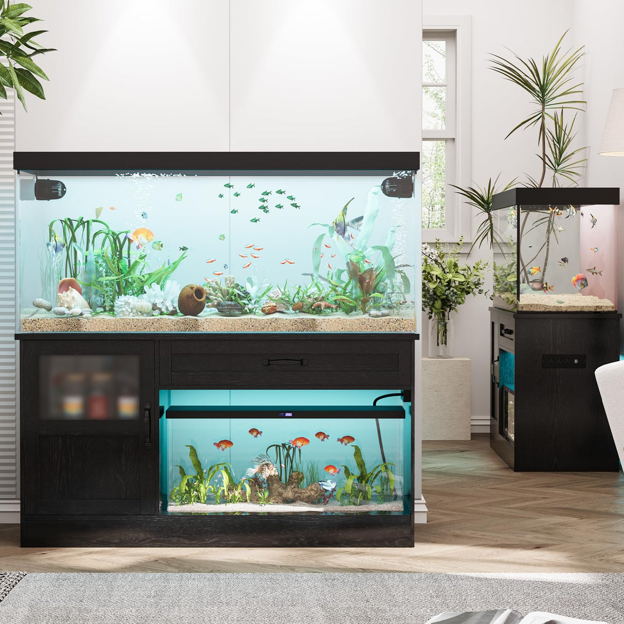 LUMIINOFAMI 40 Gallon Tank Stand, Wooden Aquarium Stand 40 Gallon Fish Tank Stand with Drawer, Reptile Tank Stand with Power Strip and LED, Tank Stand -1000Lbs Capacity, Black LUMIINOFAMI