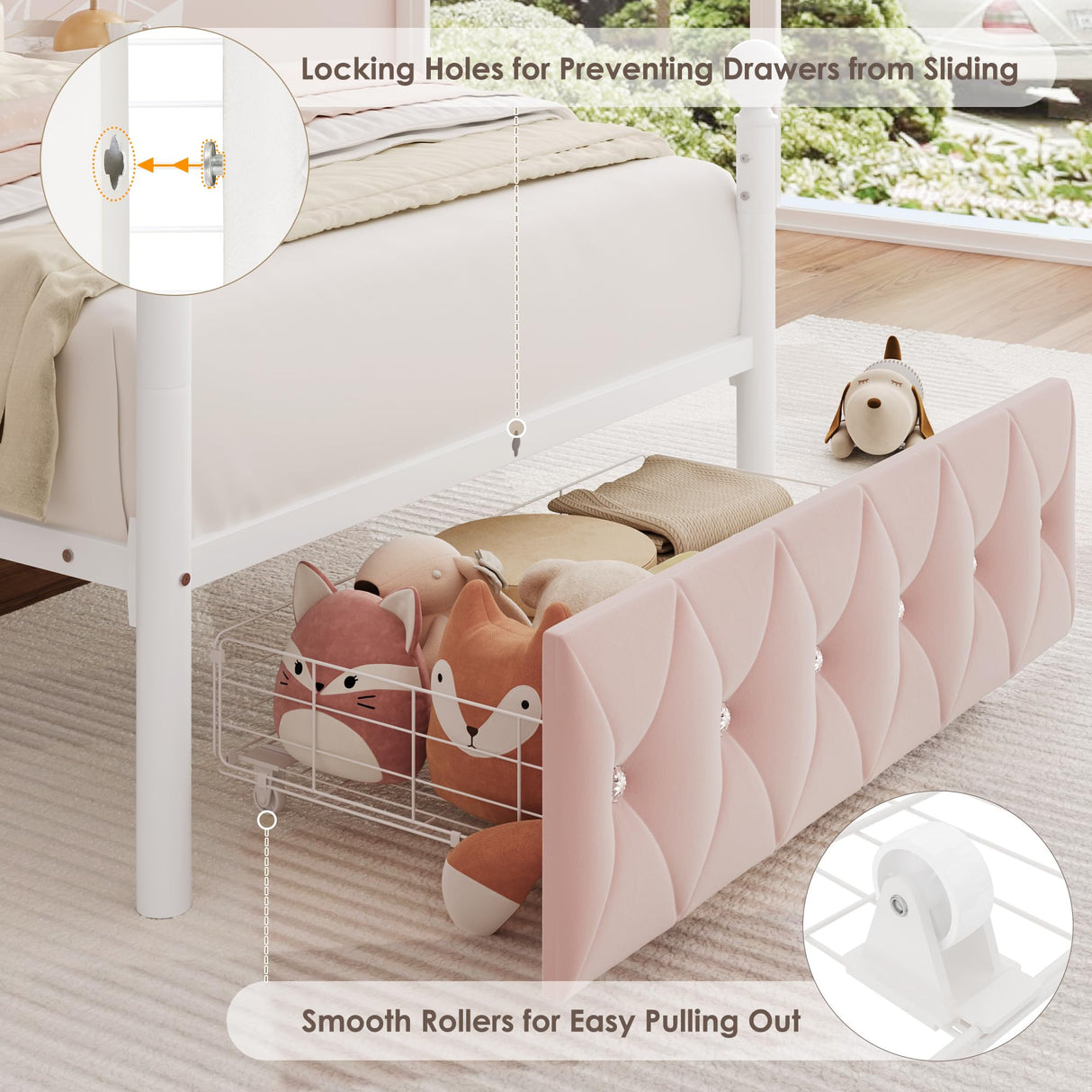 Twin Upholstered Canopy Bed Frame with Drawer & Crystal Tufted Storage Headboard Two-Purpose Metal Platform Bed with 4 Removable Posts & Charging Station Pink Princess Bed, Curtain Not Included Keyluv