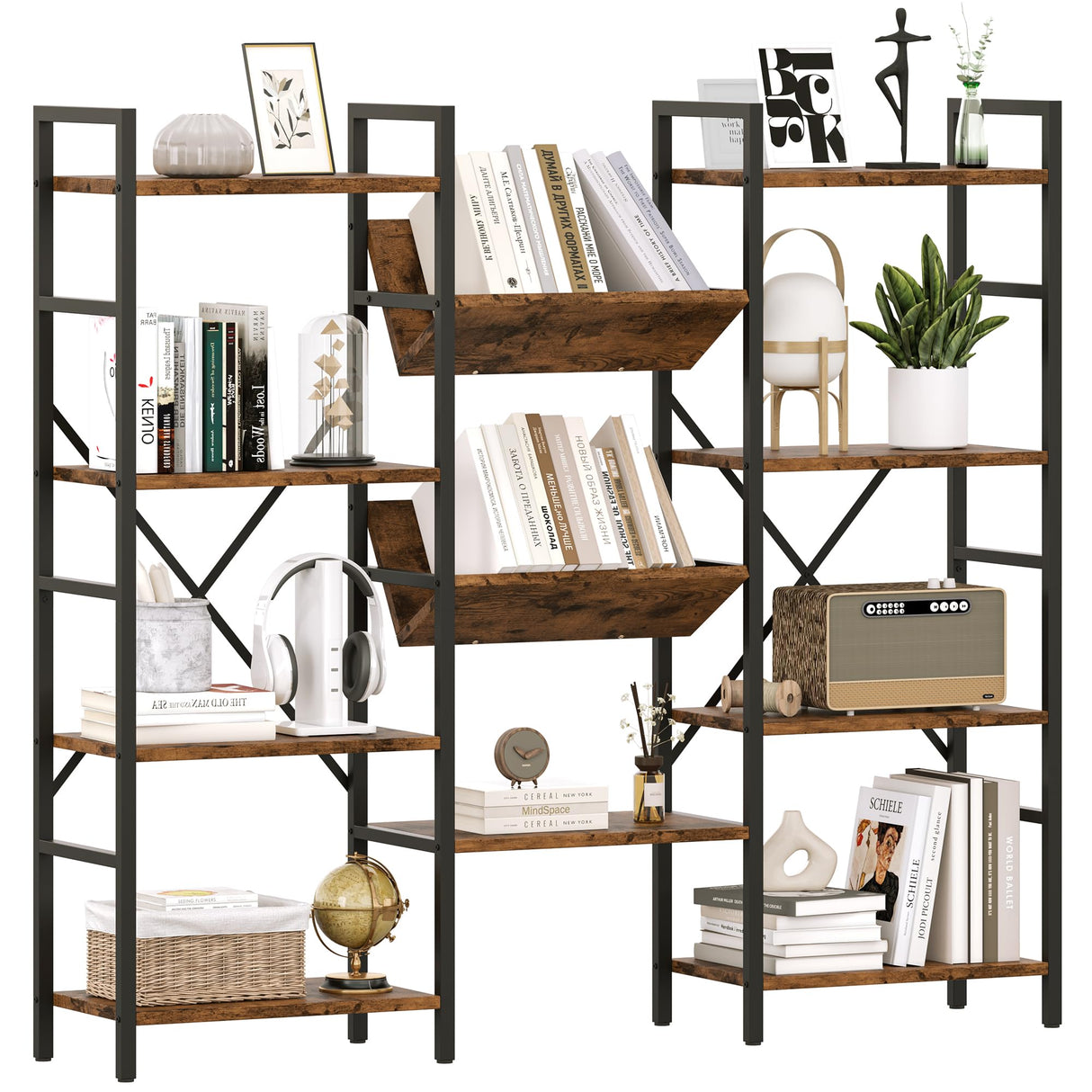 GAOMON Triple Wide 4 Tier Book Shelf, 54.3” Large Bookcase with 11 Open Shelves, Industrial Bookshelves and Bookcases with Metal Frame for Home Office, Study Room, Living Room-Rustic Brown GAOMON