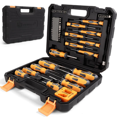MulWark Magnetic Screwdriver Set 59 Piece Chrome Vanadium Steel, Ergonomic Design Rubber Handle Screwdriver Set with Case Slotted, Phillips, Hex, Pozidriv, Torx and Precision, Magnetizer Demagnetizer