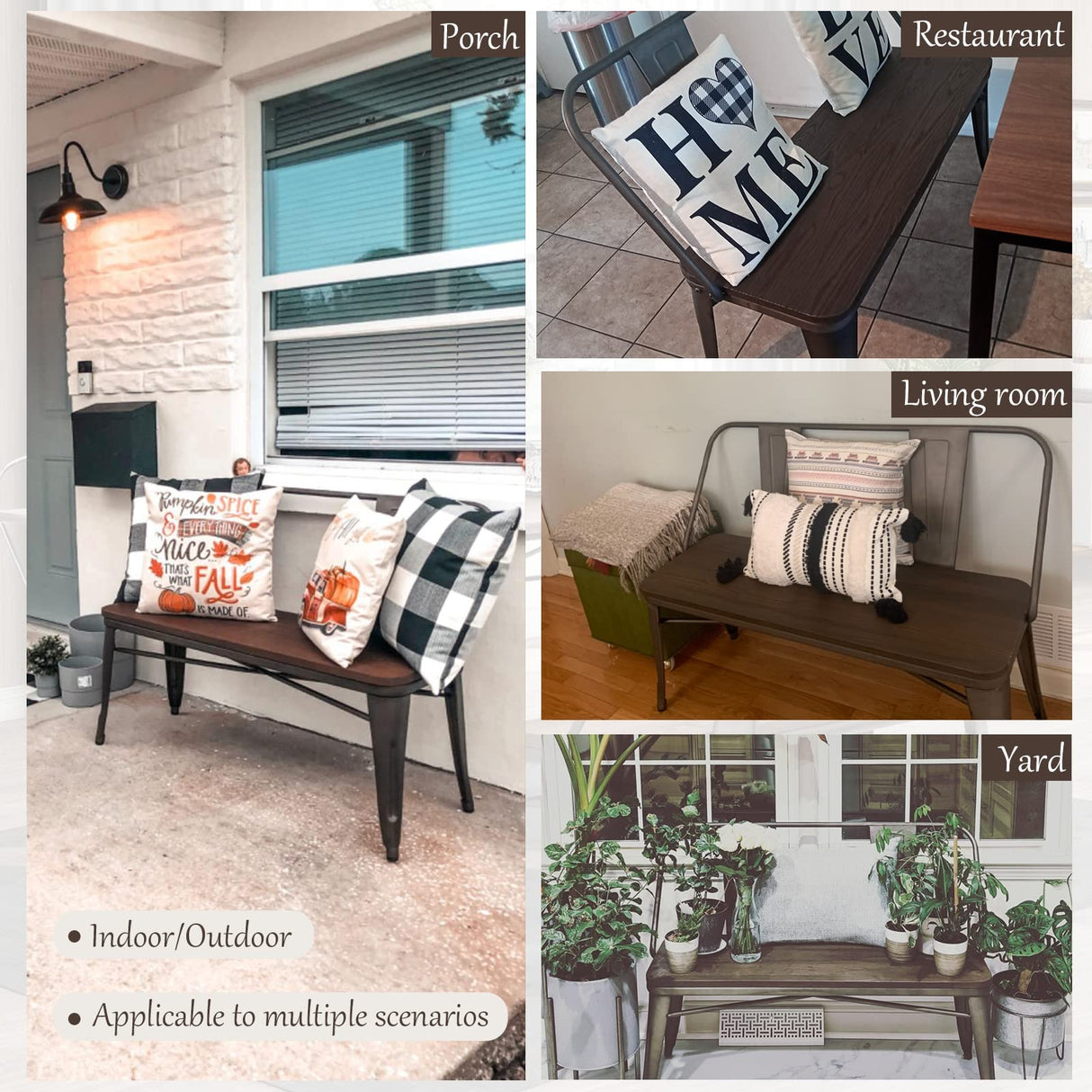 YOLENY Dining Bench, Entryway Bench with Back, Farmhouse Metal Dining Bench, Industrial Mid-Century 3 Person Rustic Spindle Bench, with Wood Seat, Removable Backrest, 42in, Bronze YOLENY