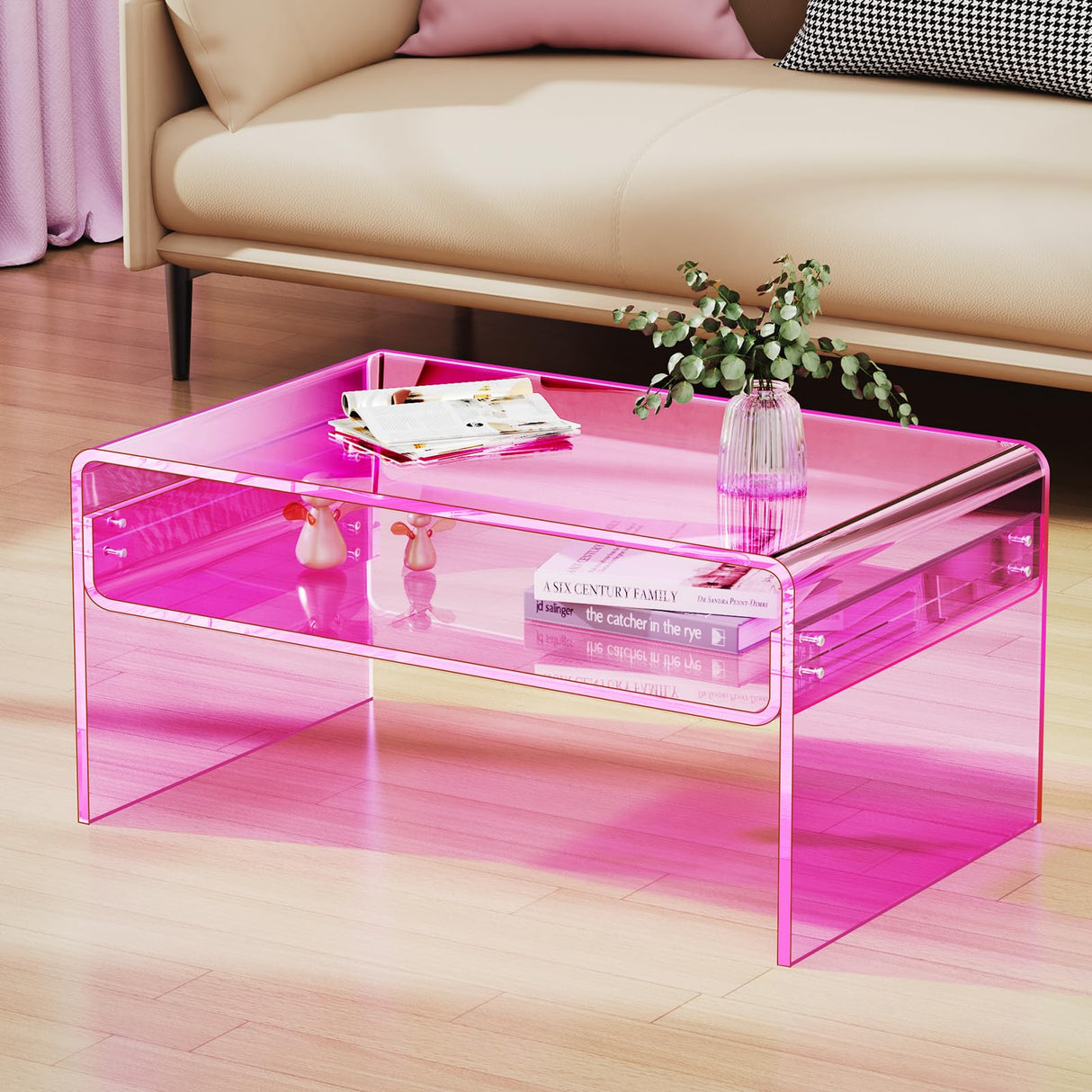 solaround Acrylic Coffee Table for Living Room Clear Rectangle Lucite Table with Open Storage Shelf (1, Pink, Large) solaround