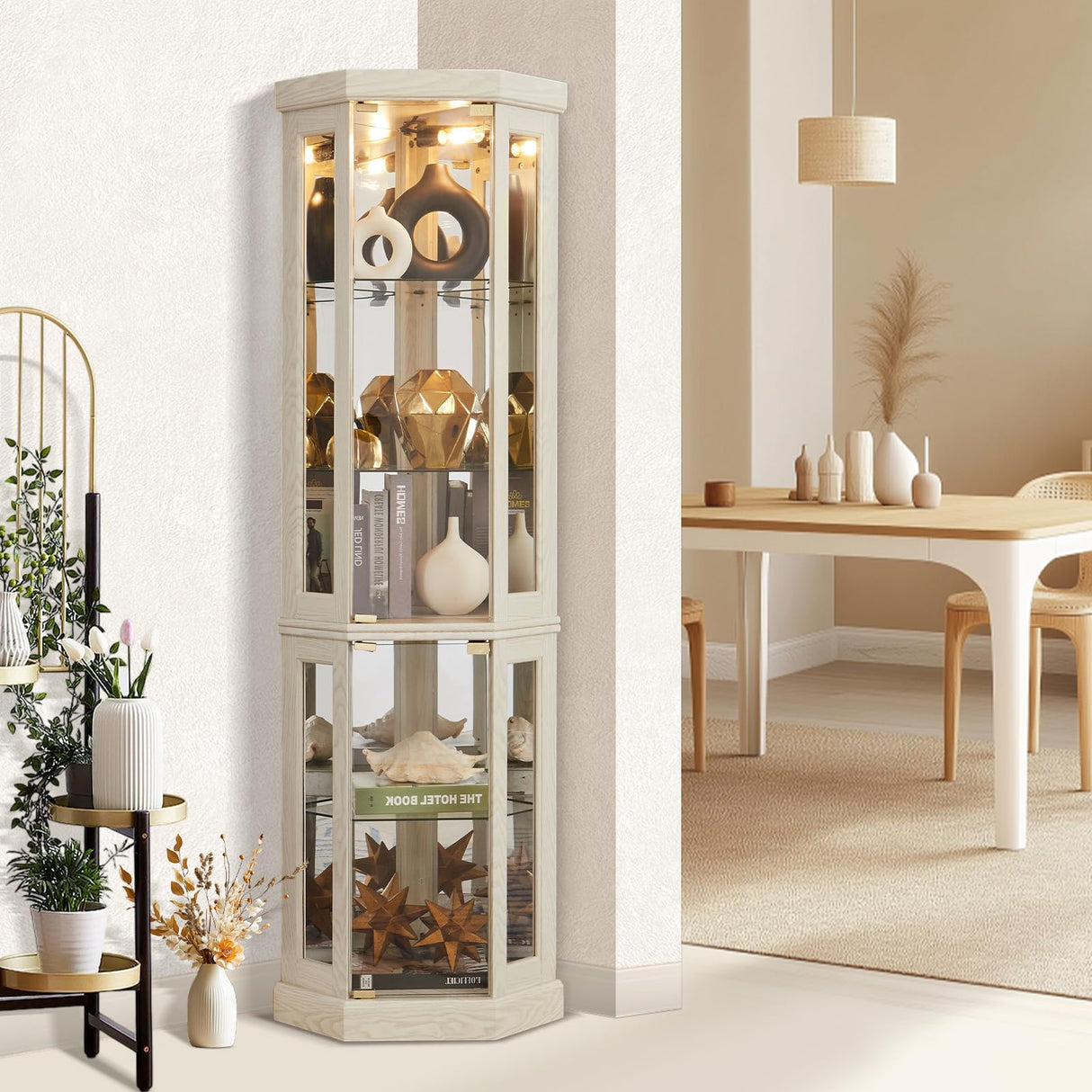 XUWANSHANG Corner Curio Cabinets,Lighted 3-Side Glass Display Curio Cabinet, Curved Wood Corner Cabinet,Curio Cabinets with Glass Doors,Adjustable Shelves,Curio Cabinet for Living Room,Antique White XUWANSHANG