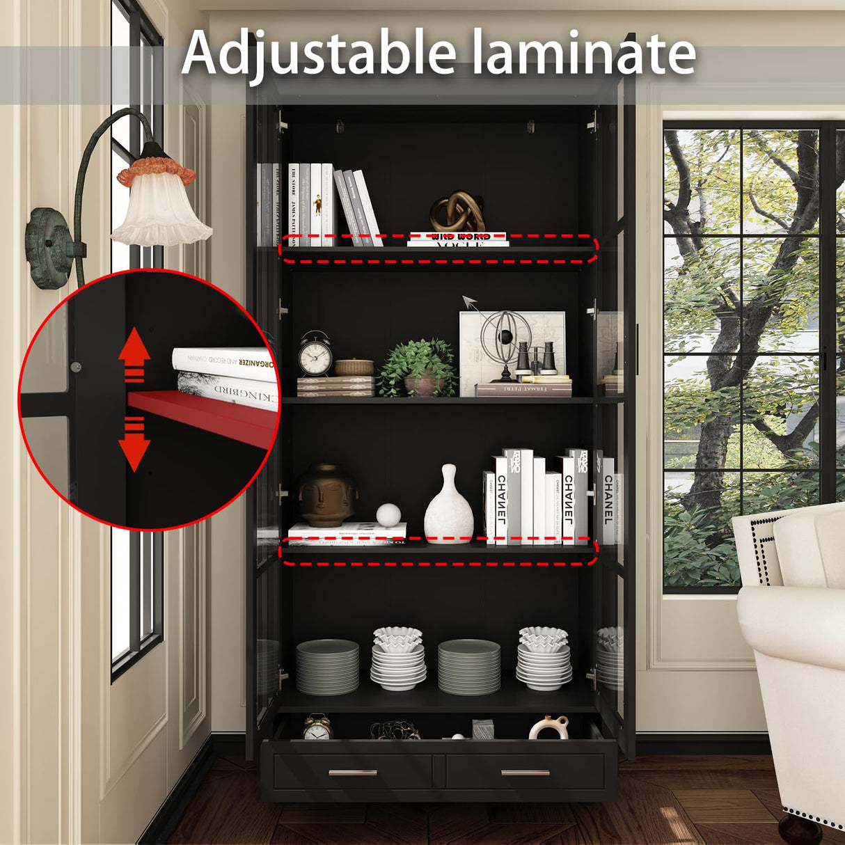 ECACAD Bookcase Storage Cabinet with Glass Doors & Drawer, 3-Tier Wooden Bookshelf Display Cabinet for Living Room, Home Office, Black (36.2”L x 14.6”W x 70.9”H) ECACAD