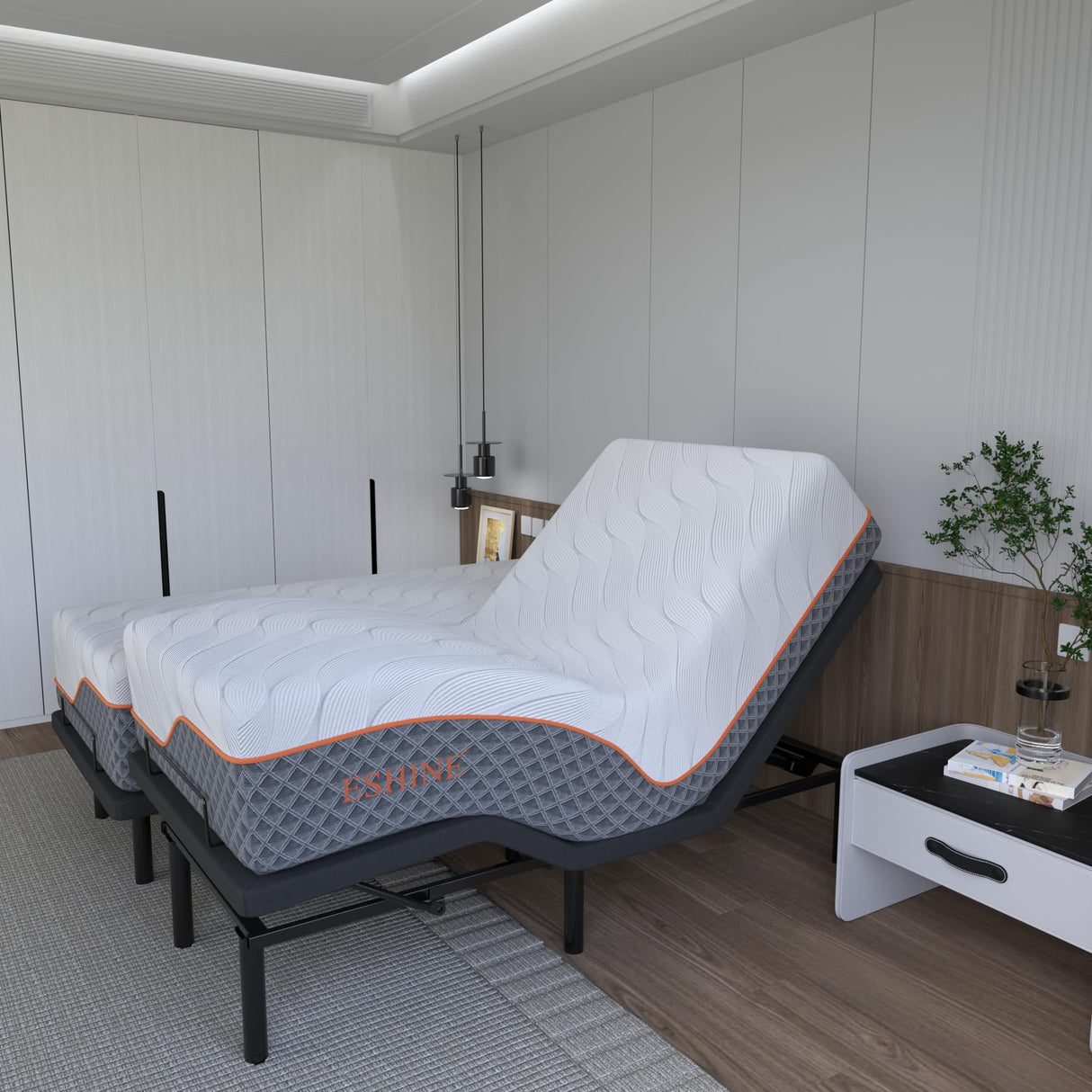 ESHINE 14" Hybrid Mattress Twin XL + Adjustable Bed Frame - Luxury Gel Memory Foam, Upholstered Bed Frames with Massage, USB, Under Bed Night Light, Head and Foot Incline, Split King ESHINE