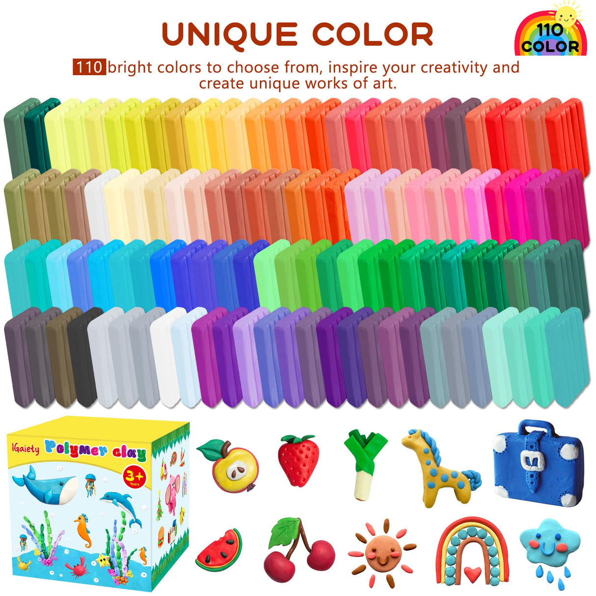 IGaiety Polymer Clay 110 Colors Oven Bake Clay Kit DIY Baking Clay Modeling Craft with Sculpting Tools and Accessories 245 Pcs Non-Toxic Ideal Gift for Beginner Adults Kids Jewelry Making IGaiety