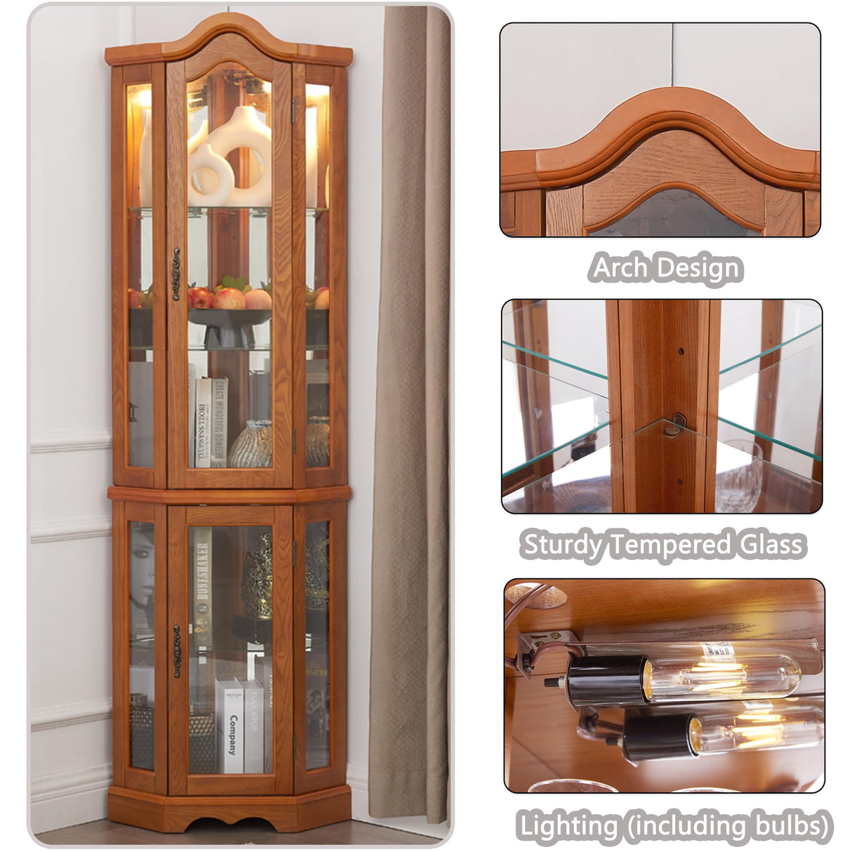 XZTUAJ 66" H Lighted Corner Curio Cabinet, 5 Tier Glass Display Cabinet with Adjustable Shelves and Mirror Back Panel, Corner Curio Storage Rack Wood Display Case for Living Room & Kitchen (Oak) XZTUAJ