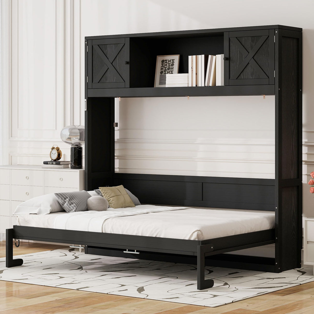 Merax Full Size Murphy Bed with Storage Cabinets, Rustic Solid Wood Wall Bed with 3 Cabinet Shelves, Space Saving Foldable Bed for Studio Apartment, Guest Room, Home Office, Black Merax