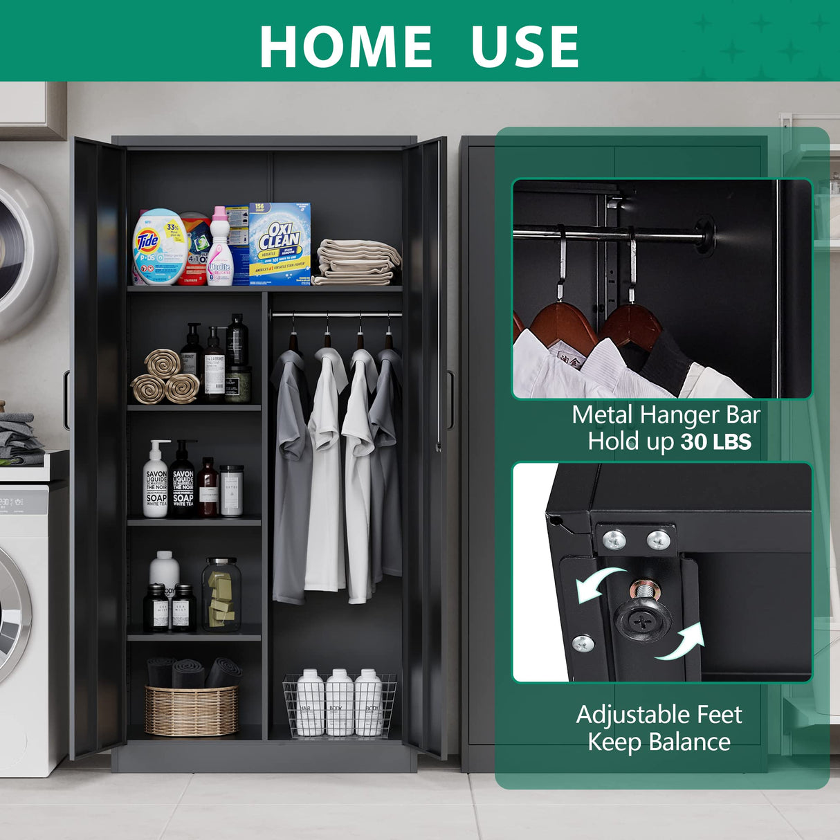 Letaya Metal Storage Cabinets Locker with Lock Door, 72'' Clothing Coat Steel Storage Freestanding Wardrobe for Office, Home, School, Employee,Gym,Fire Department (Black) Letaya