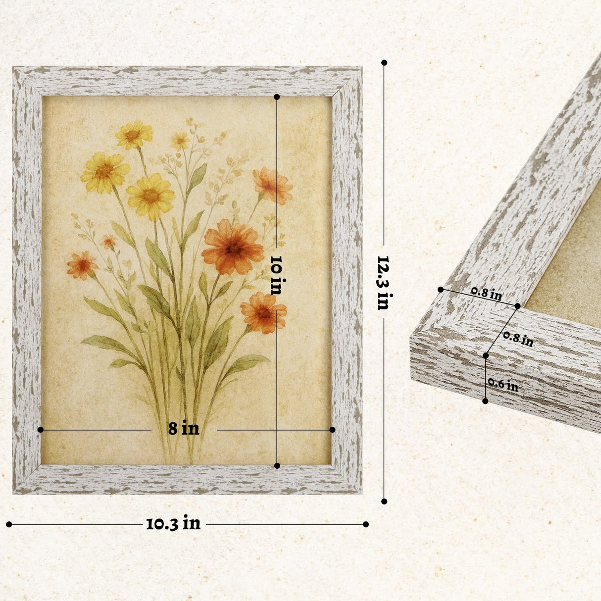 puthiac 8x10 Rustic Picture Frame, Farmhouse Distressed Wood Photo Frame, Shatterproof Acrylic Front, Wall & Tabletop, Vertical/Horizontal, Vintage Art Print Included – Distressed White puthiac