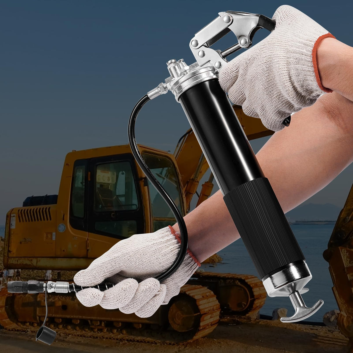 VEVOR Grease Gun, 6000 PSI Heavy Duty Pistol Grip Grease Gun, Grease Gun Kit with 14 oz Load, 17.72 Inch Flexible Hose, 1 Flat Couplers, 1 Pointed Coupler, and 1 Bent Metal Pipe VEVOR