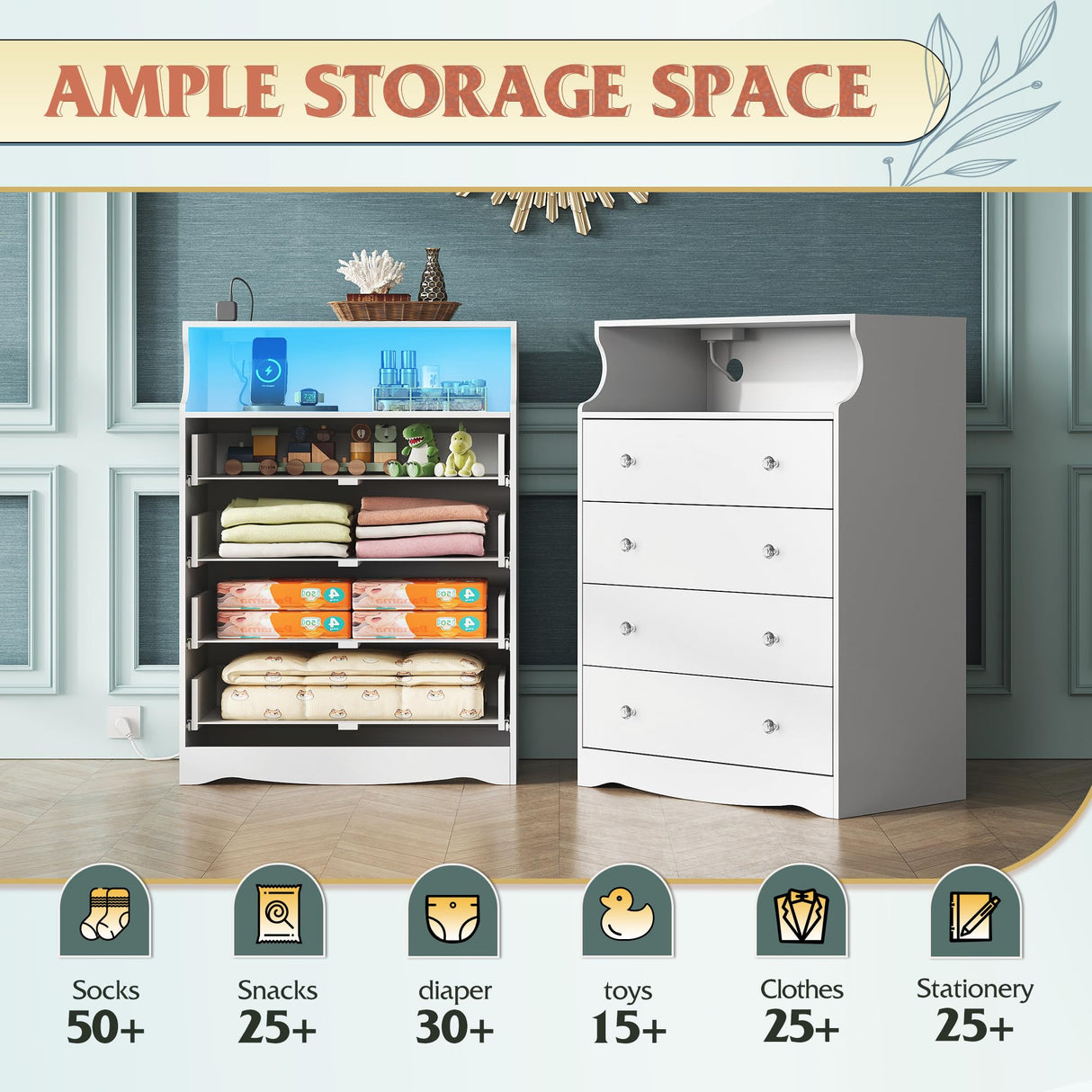 WLIVE White LED Dresser for Bedroom, Tall Wood Dresser with 4 Drawers and Open Shelf, Chest of Drawers with Charging Station and LED Lights for Living Room, Hallway, Closet WLIVE