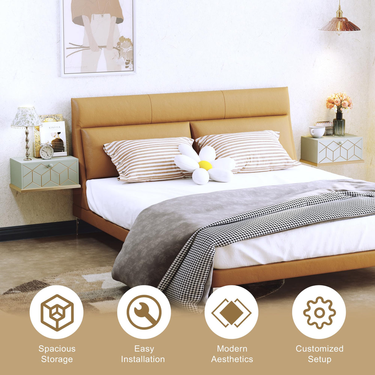 HLR Floating Nightstand, Wall Mounted Nightstand with Removable Door, Floating Shelves for Wall, Bedroom, Bathroom, Green HLR