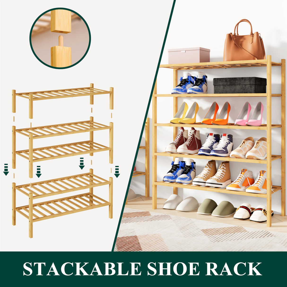 Smiry Shoe Rack, 3 Tier Bamboo Shoe Organizer, Stackable Free Standing Wooden Shoe Storage Shelf for Closet, Entryway, Front Door Entrance, Natural Smiry