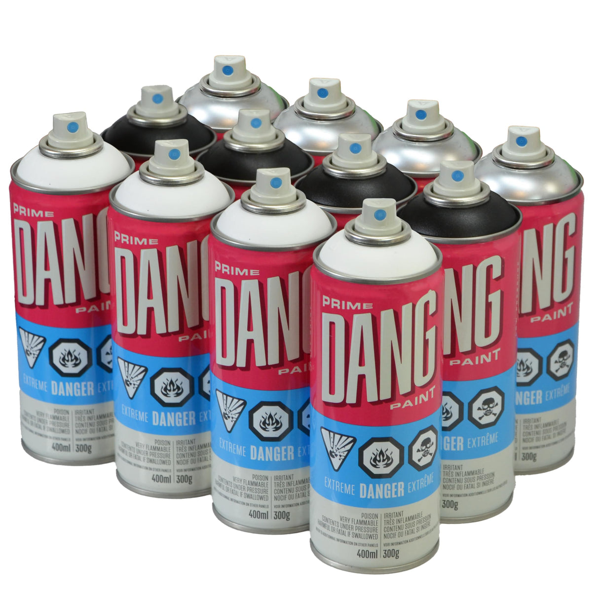 DANG Prime Graffiti Spray Paint Set of 12 Monochrome Colors, 400ml Cans, High Coverage Matte Spray Paint Kit, Low Pressure, Ideal for Murals, Outdoor, Metal, Vinyl, Wood, Graffiti Art Supplies DANG Paint