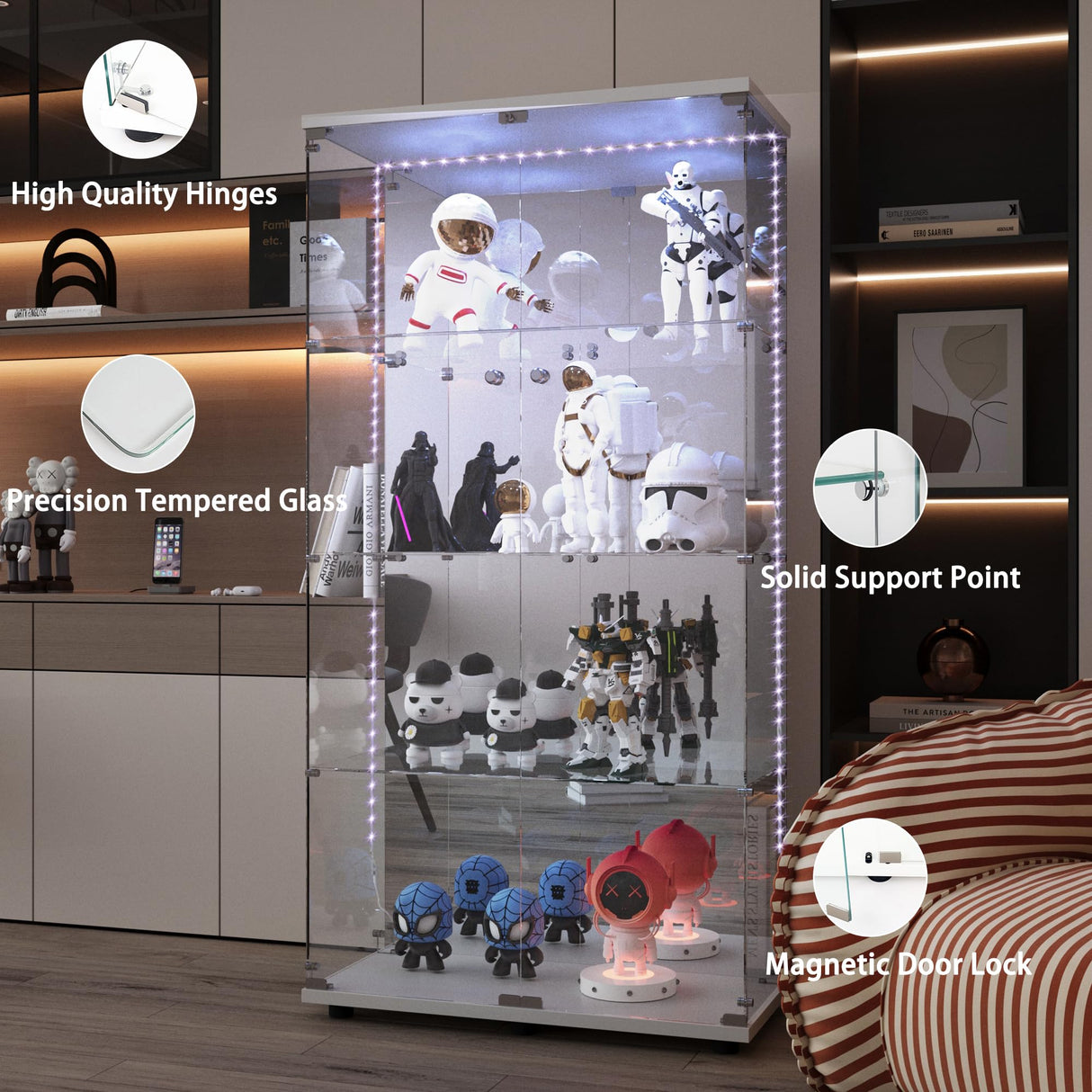 lunhung 65"H Glass Display Cabinet with LED Lights & Mirror Back Panel, 2 Doors Curio Storage Cabinet w/ Adjustable Feet & Lock, 4-Shelf Wood Top Display Case Bookshelf for Living room,Hallway (White) lunhung