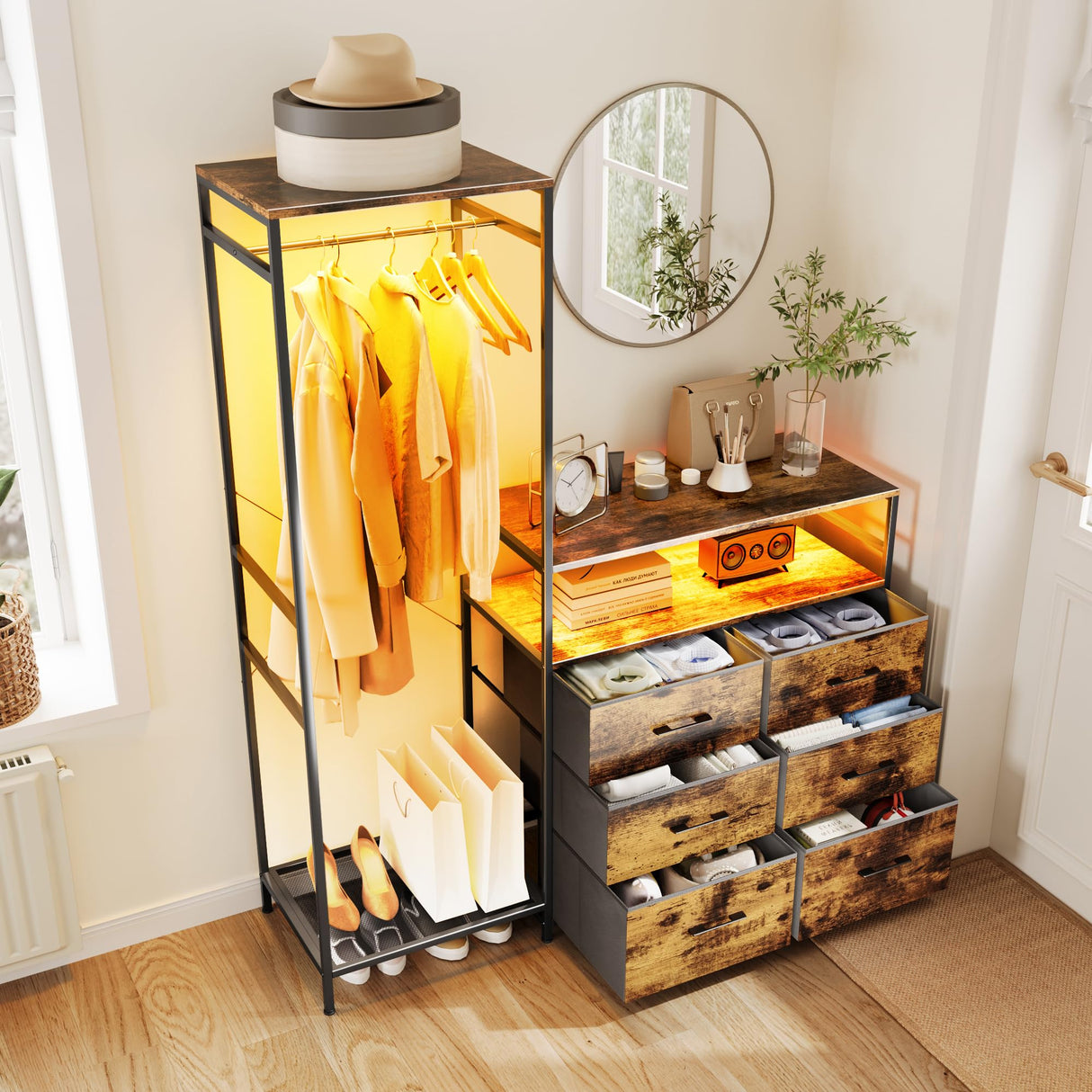 Famovoneer Heavy Duty Garment Rack with Fabric Drawers and LED Light, Freestanding Portable Closet Wardrobe Systems with Shelves for Bedroom, Entryway, Apartment Famovoneer