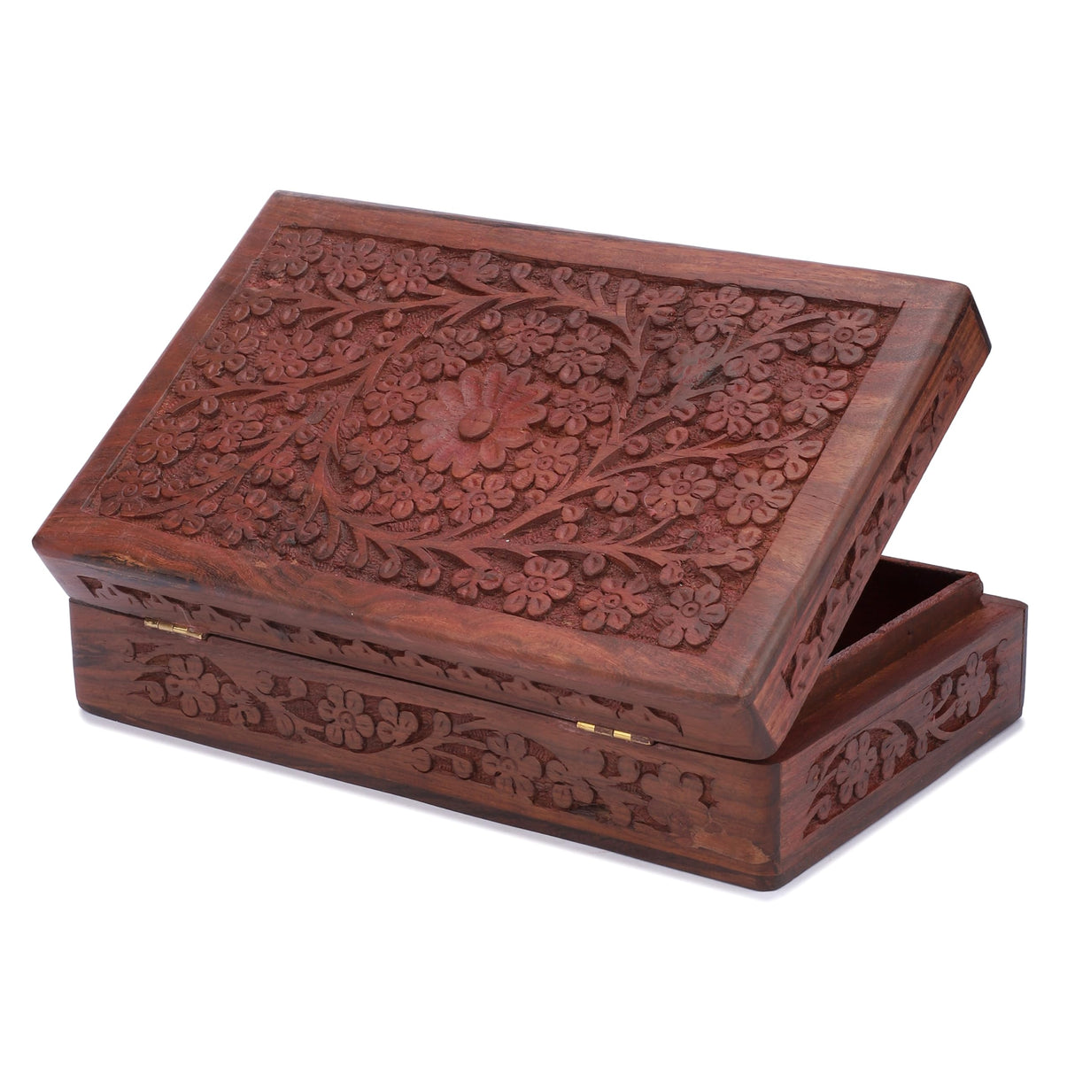 Ajuny Wooden Handcarved Decorative Jewelry Storage Box Flower Design Multipurpose Treasure Chest Keepsake Organizer Necklaces Watch Boxes Great for Gifts 10x6 Inch Ajuny