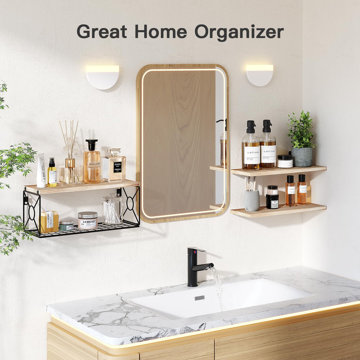 Amada Natural Wood Floating Bathroom Shelves with Storage Basket – Stylish Wall Organisers for Every Space AMADA HOMEFURNISHING