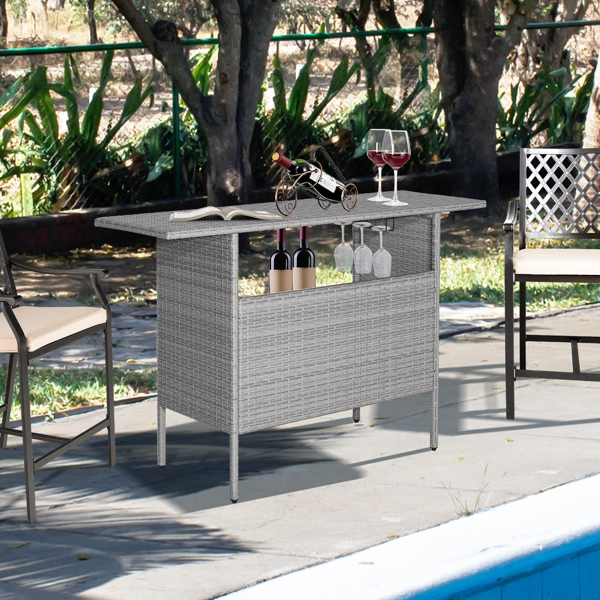 Tangkula Outdoor Wicker Bar Table, Patiojoy All Weather Patio Bar Height Table with 2 Metal Mesh Shelves & 2-Rail Steel Stemware Racks, Rattan Bar Counter Table for Backyard, Poolside (Mix Grey) Tangkula