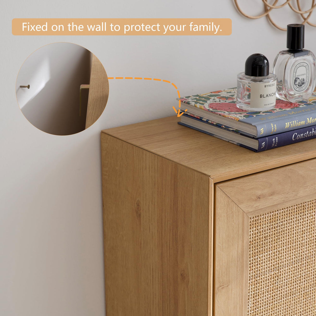 HOOLETE Narrow Shoe Cabinet with 3 Flip Drawers Hidden Freestanding Shoe Rack with Natural Rattan Doors Wooden Shoe Storage Cabinet with Solid Wood HOOLETE