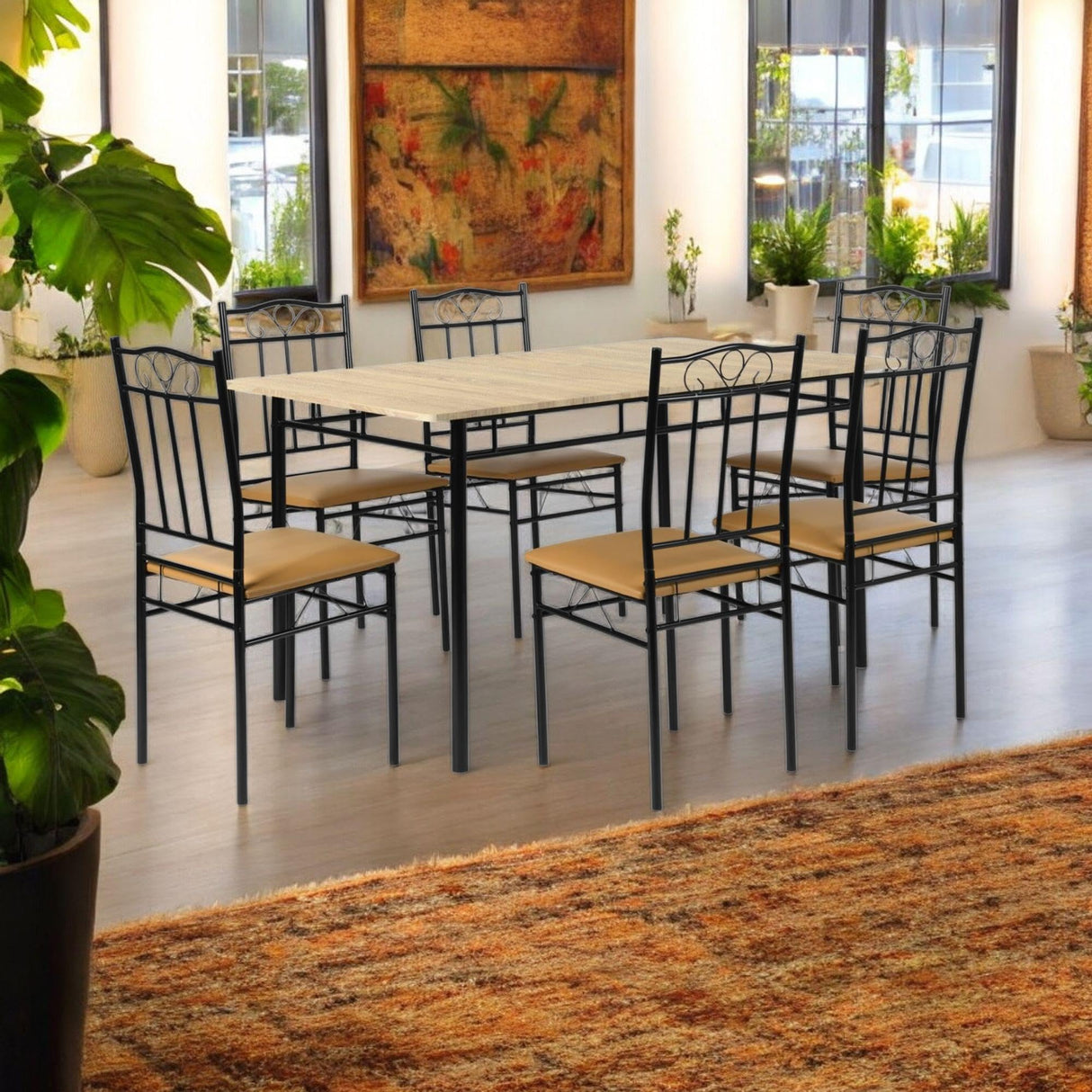 Homy Casa 7-Piece Modern Dining Set for 6, 55.1" Square Table with PVC Soft-Cushion Seats, Space-Saving Design, Metal Frames, Ideal for Small Kitchens, Apartments, and Dining Rooms, Light Yellow Homy Casa