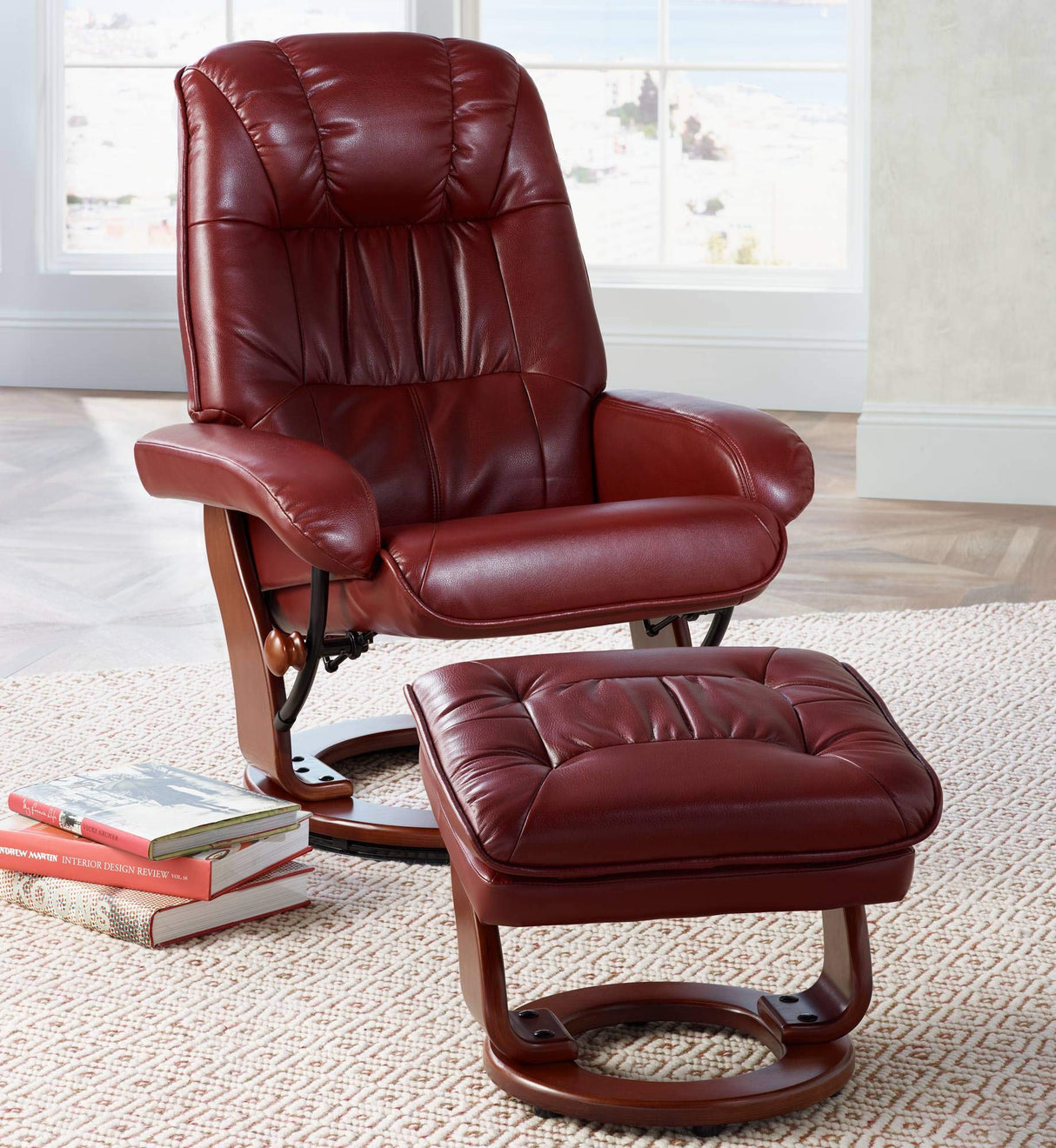 Benchmaster Kyle Ruby Red Swivel Faux Leather with Ottoman Recliner Chair Modern Armchair Ergonomic Push Manual Reclining Footrest Upholstered for Bedroom Living Room Reading Home Relax Office Benchmaster