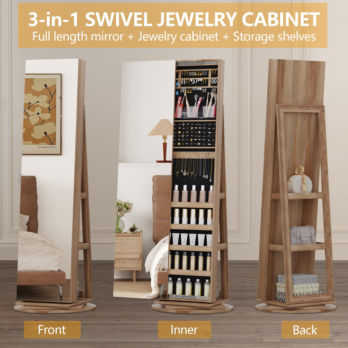 LVSOMT 360° Swivel Jewelry Cabinet with Full Length Mirror, 63" Large Jewelry Armoire Organizer, Lockable Mirror with Jewelry Storage, Floor Standing Mirror, Rear Storage Shelves LVSOMT