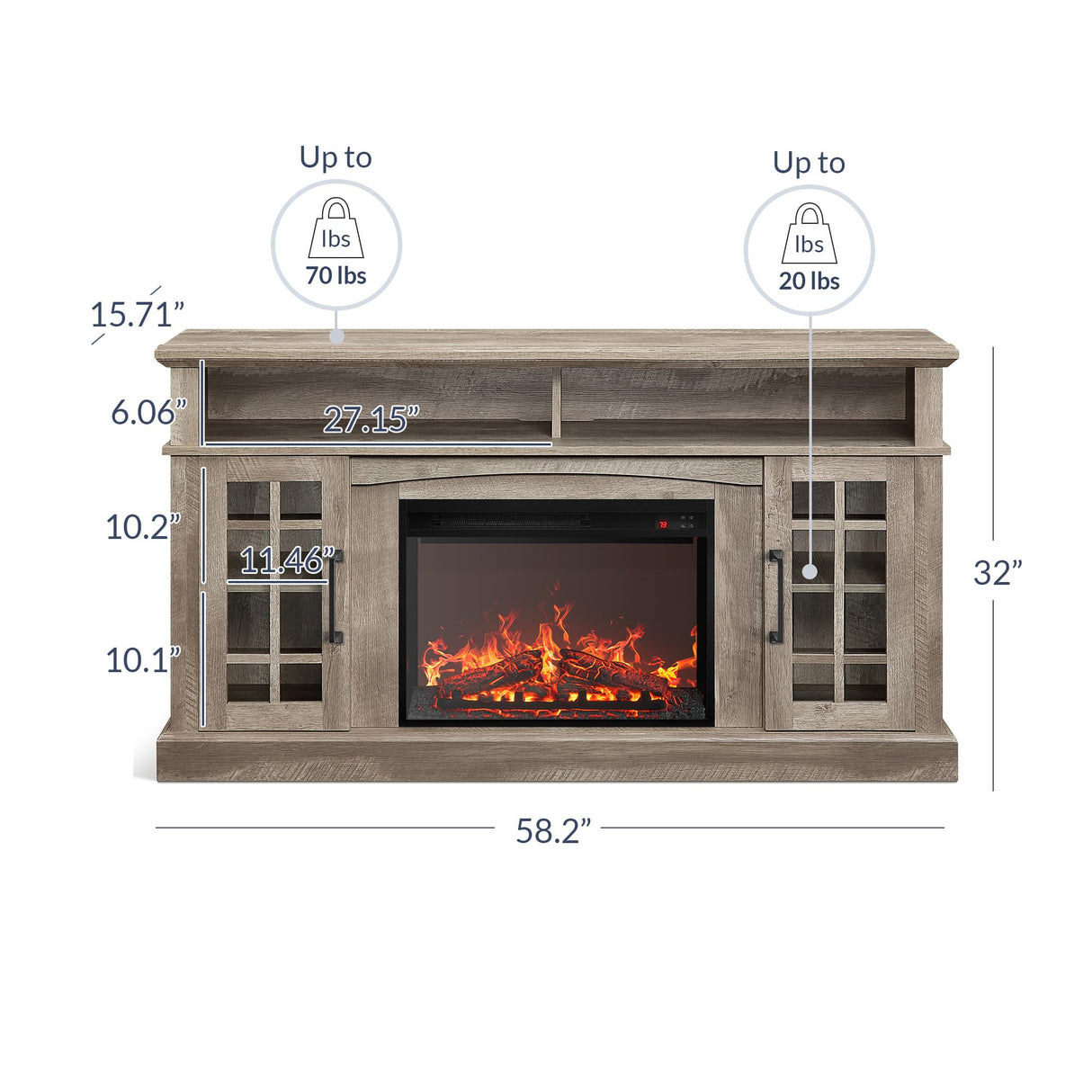 BELLEZE Traditional 58" Rustic TV Stand with 23" Electric Fireplace Heater with Sound, Media Entertainment Center Console Table for TV up to 65" with Open Storage Shelves and Cabinets - Ashland Pine BELLEZE