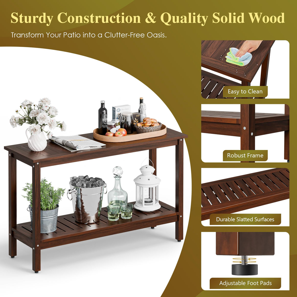 SUPER DEAL All-Weather Patio Bar Table Entry Console Table, 2-Shelf 48 inch Solid Wood Indoor Outdoor Multifunctional Buffet Storage Organizer with Adjustable Feet, Espresso SUPER DEAL