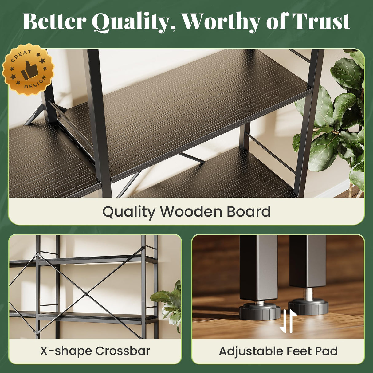 Huuger 5 Tier Bookshelf, L Shaped Corner Bookshelf with 10 Open Shelves, 49.4 Inch Straight Wide Bookcase with Metal Frame and Wooden Board, Adjustable Feet, Black Huuger