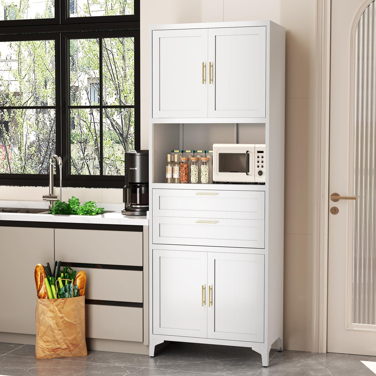 InaryLof 74.8"H Kitchen Storage Cabinet with 4 Doors and 2 Drawers, Open Countertop and Adjustable Tiers for Bathroom Storage,Tall Metal Cabinet For Kitchen, Dining Room, Living Room, Bathroom (White) InaryLof