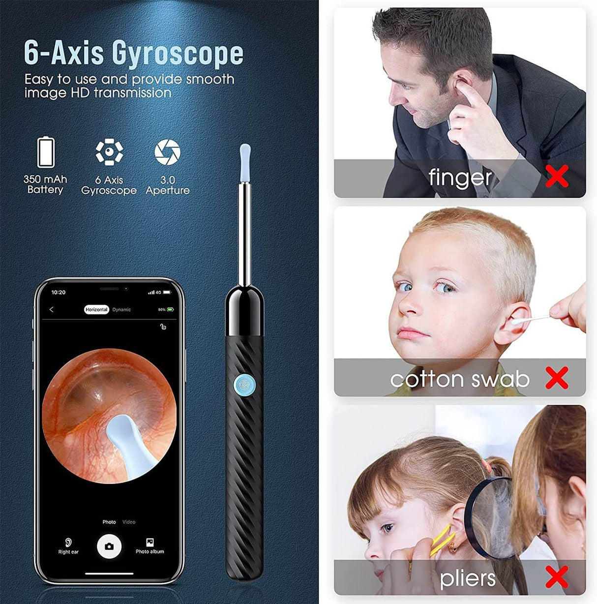 Ear Wax Removal - Earwax Remover Tool with 8 Pcs Ear Set - Ear Cleaner with Camera - Earwax Removal Kit with Light - Ear Camera with 6 Ear Spoon - Ear Cleaner for iOS & Android (Black) LEIPUT